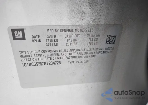 2016 Chevrolet Cruze Ls Auto из США, поврежденный, VIN 1G1BC5SM7G7234725